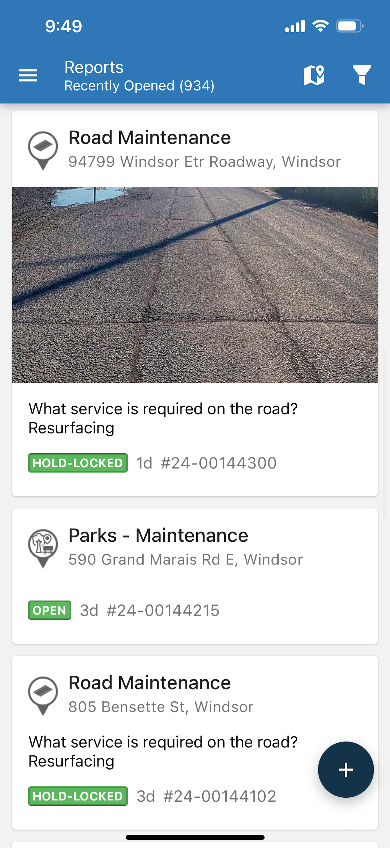 Windsor 311 Mobile App Reports Windsor 311 Mobile App sample of service options, including road maintenance and parks maintenance